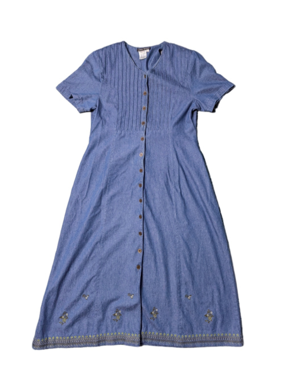 VTG Lana Sport Denim Midi Dress Embroidered Pleated Button Front Cottagecore 14